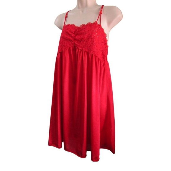 Vanity Fair Baby Doll Red Stretch Lace Bodice Large USA Made Size Large Vintage - Picture 1 of 16